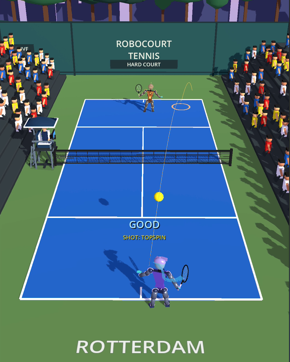 RoboCourt Tennis gameplay on a grass tennis court