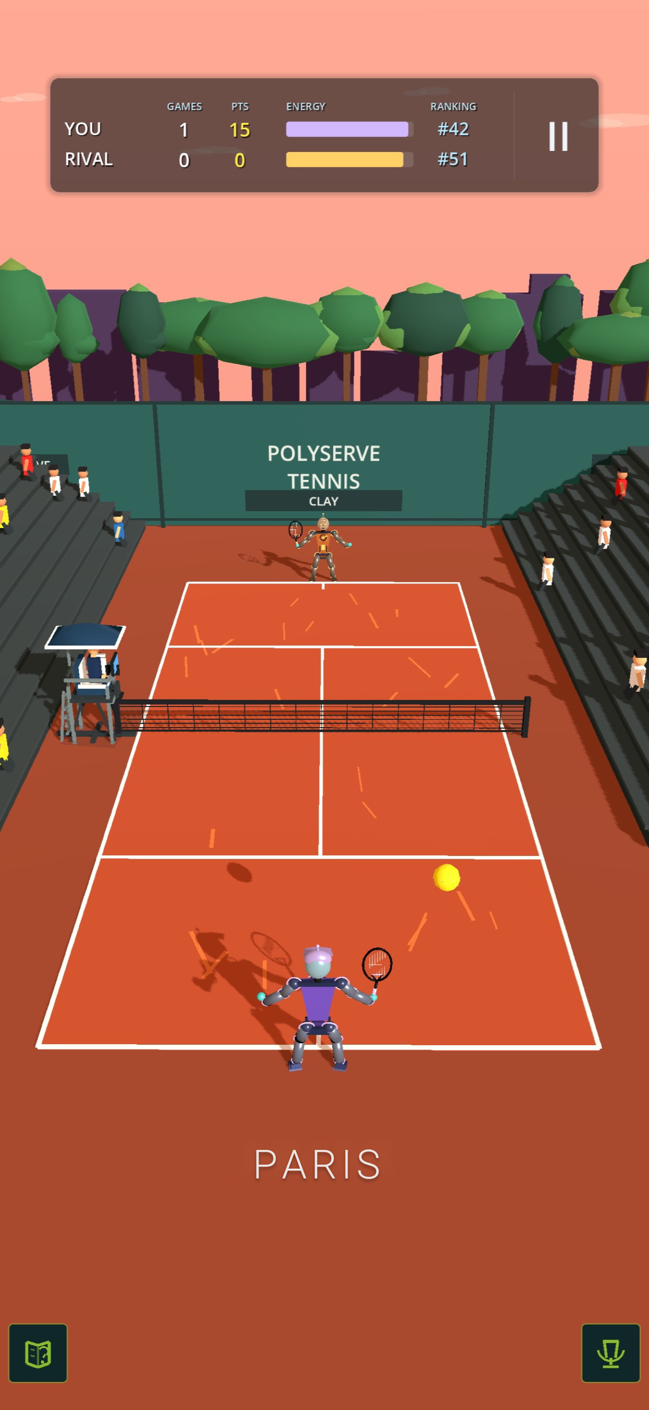 RoboCourt Tennis serve toss on clay court with English score UI
