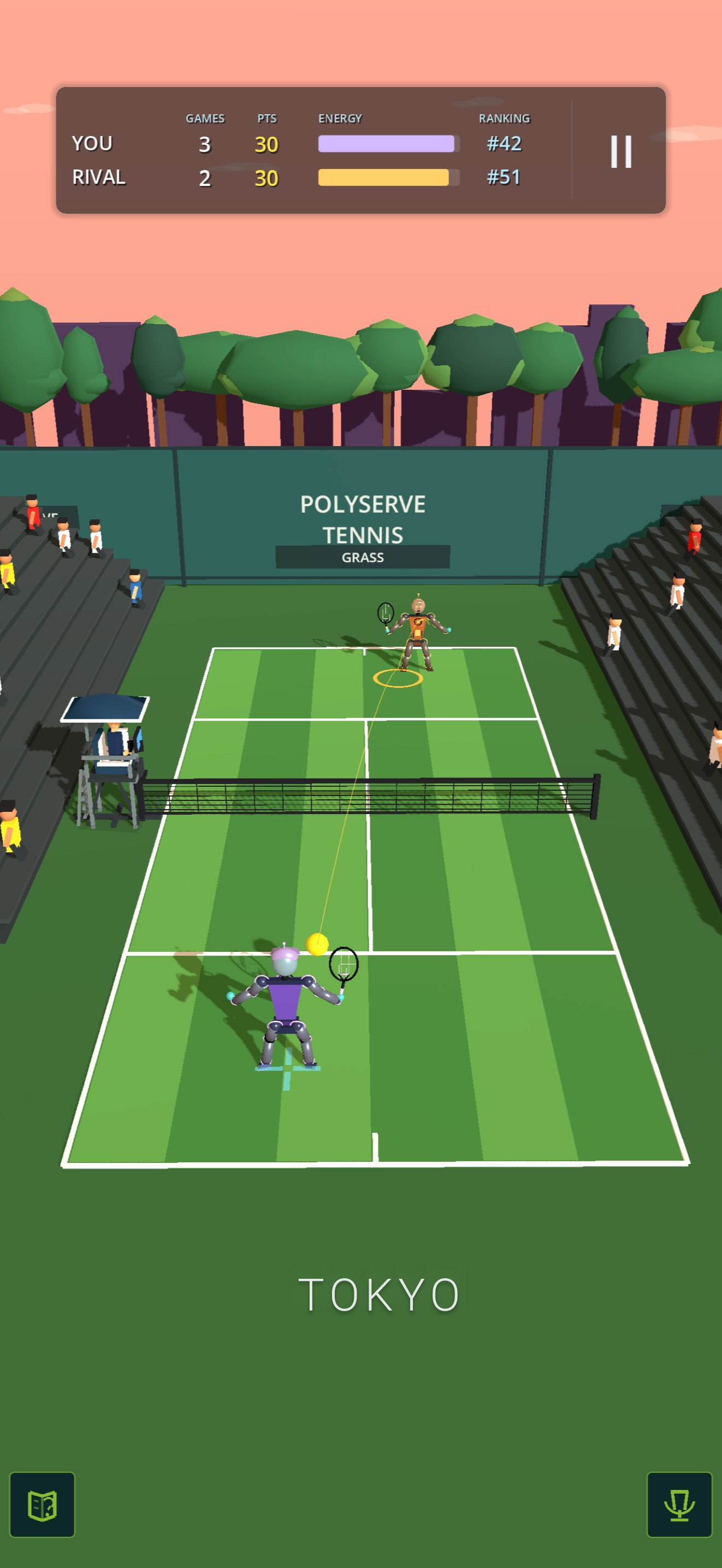 RoboCourt Tennis rally gameplay on a grass court with English HUD
